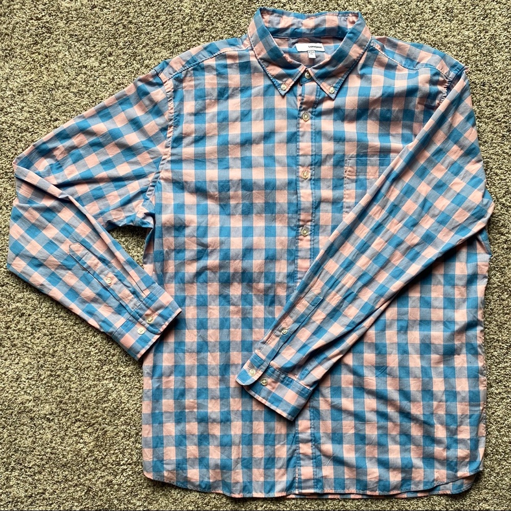 Men’s Pink and Blue Plaid Long Sleeve Shirt